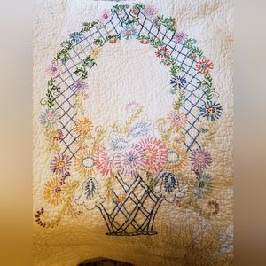 White Coverlet Bedspread with hand stitched Floral basket design